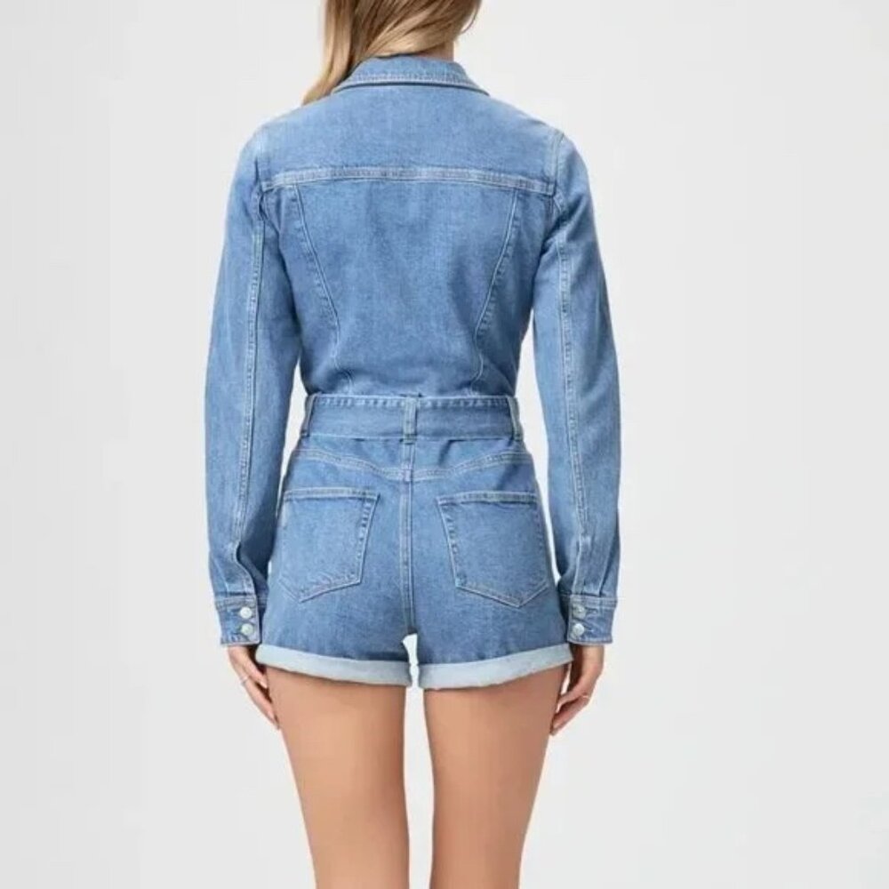 PAIGE Maggy Tie Waist Long Sleeve Denim Romper in Tracey - Picture 4 of 4
